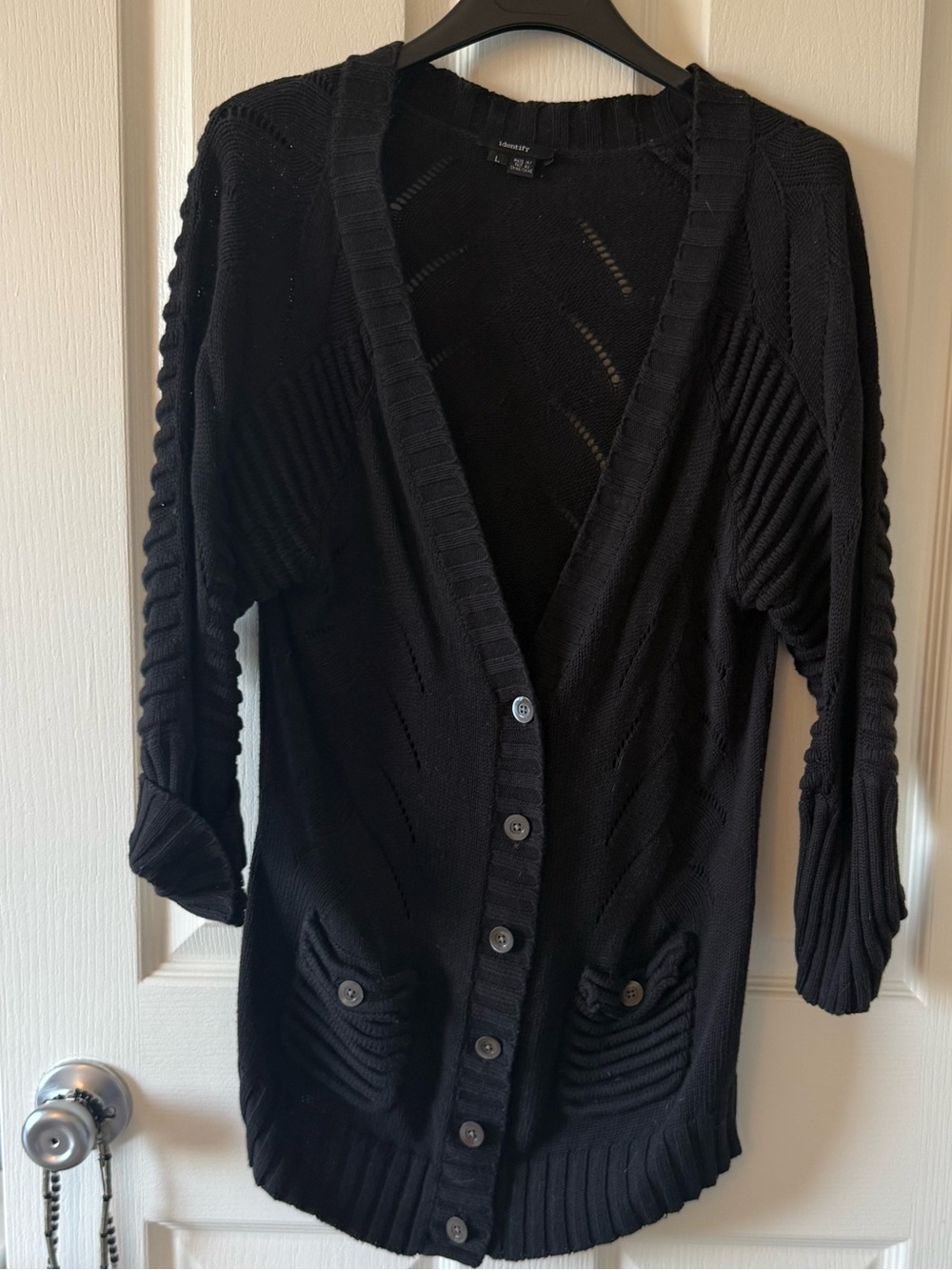 Identify Black Knit Open Cardigan Sweater Size Large 3/4 Sleeves Pockets